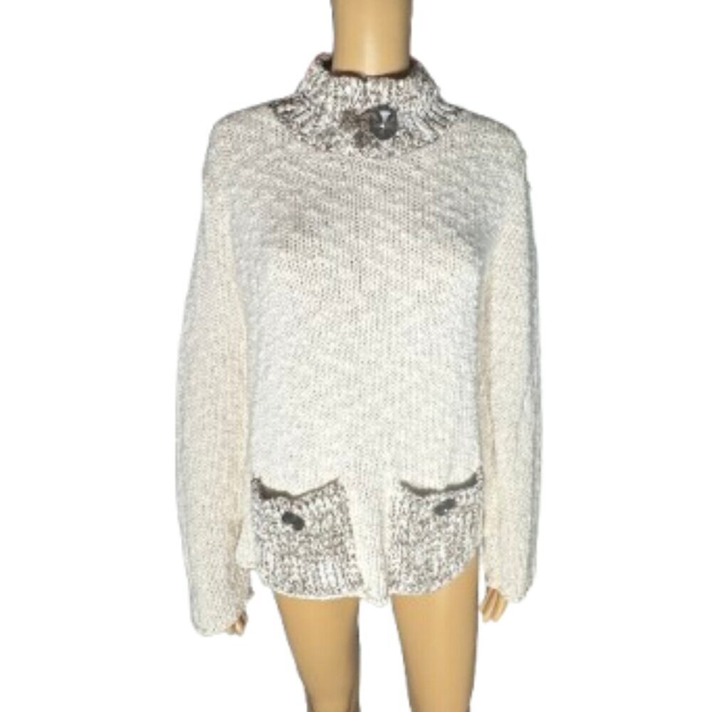 Willow Mock Neck Knit Cream & Brown Women's Sweater with Front Pockets Large
